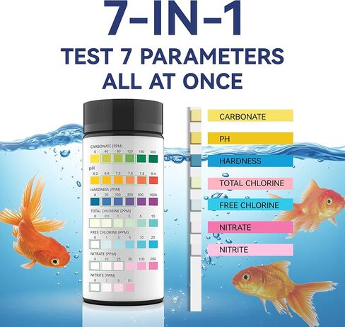 Aquarium Test Kits(100 Strips)-7 in 1 Fish Tank Water Freshwater&Saltwater Quality Test with pH, Carbonate, Alkalinity, Hardness, Chlorine, Nitrite, Nitrate in Kuwait