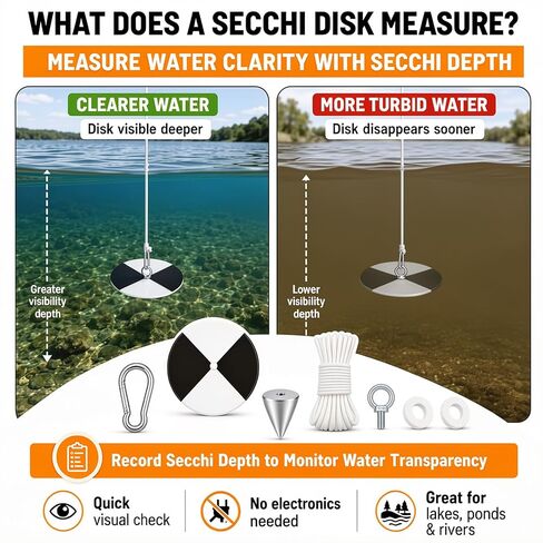 مجموعة قياس نقاء المياه من Sabary Secchi Disk، 7.87 بوصة/20 سم، قرص Secchi أسود أبيض مع وزن مخروطي من الفولاذ المقاوم للصدأ وخط 17.4 قدم للبحيرة والبركة والنهر والخزان وحوض السمك in Kuwait
