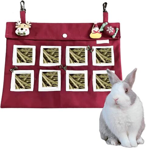 Rabbit Hay Feeder Bag with Cute Pendant, Storage Guinea Pig Feeder Rack Bag, Large Capacity Cotton Canvas Hanging Bag for Bunnies Chinchillas Guinea Pigs (Pink,S) in Kuwait