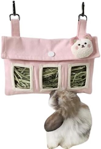 Rabbit Hay Feeder Bag with Cute Pendant, Storage Guinea Pig Feeder Rack Bag, Large Capacity Cotton Canvas Hanging Bag for Bunnies Chinchillas Guinea Pigs (Pink,S) in Saudi Arabia