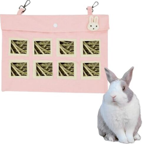 Rabbit Hay Feeder Bag with Cute Pendant, Storage Guinea Pig Feeder Rack Bag, Large Capacity Cotton Canvas Hanging Bag for Bunnies Chinchillas Guinea Pigs (Pink,S) in Saudi Arabia