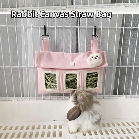 Rabbit Hay Feeder Bag with Cute Pendant, Storage Guinea Pig Feeder Rack Bag, Large Capacity Cotton Canvas Hanging Bag for Bunnies Chinchillas Guinea Pigs (Pink,S) in Saudi Arabia