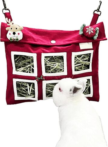 Rabbit Hay Feeder Bag with Cute Pendant, Storage Guinea Pig Feeder Rack Bag, Large Capacity Cotton Canvas Hanging Bag for Bunnies Chinchillas Guinea Pigs (Pink,S) in Saudi Arabia