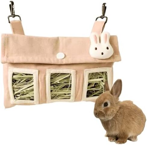 Rabbit Hay Feeder Bag with Cute Pendant, Storage Guinea Pig Feeder Rack Bag, Large Capacity Cotton Canvas Hanging Bag for Bunnies Chinchillas Guinea Pigs (Pink,S) in Saudi Arabia