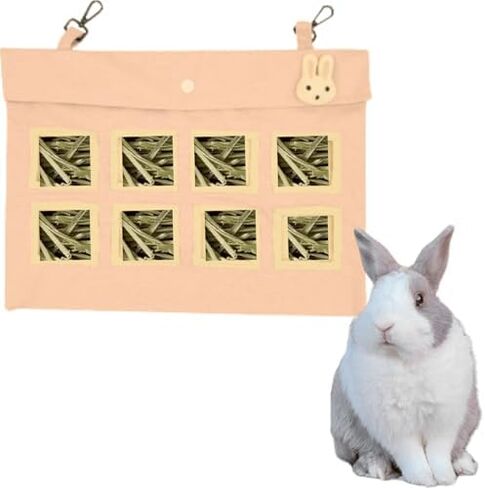 Rabbit Hay Feeder Bag with Cute Pendant, Storage Guinea Pig Feeder Rack Bag, Large Capacity Cotton Canvas Hanging Bag for Bunnies Chinchillas Guinea Pigs (Pink,S) in Saudi Arabia