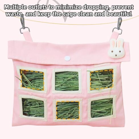 Rabbit Hay Feeder Bag with Cute Pendant, Storage Guinea Pig Feeder Rack Bag, Large Capacity Cotton Canvas Hanging Bag for Bunnies Chinchillas Guinea Pigs (Pink,S) in Saudi Arabia
