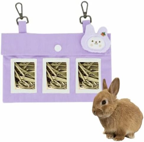 Rabbit Hay Feeder Bag with Cute Pendant, Storage Guinea Pig Feeder Rack Bag, Large Capacity Cotton Canvas Hanging Bag for Bunnies Chinchillas Guinea Pigs (Pink,S) in Saudi Arabia