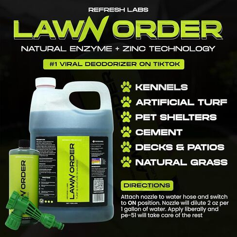 منظف ​​العشب الصناعي ومزيل الرائحة من LawN Order - يعمل بالإنزيم، آمن للحيوانات الأليفة والأطفال، يزيل روائح فوضى الحيوانات الأليفة (1 جالون + 32 أونصة + خرطوم) in Kuwait