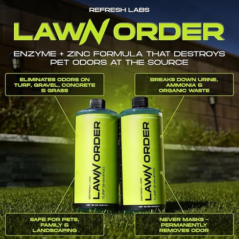 منظف ​​العشب الصناعي ومزيل الرائحة من LawN Order - يعمل بالإنزيم، آمن للحيوانات الأليفة والأطفال، يزيل روائح فوضى الحيوانات الأليفة (1 جالون + 32 أونصة + خرطوم) in Kuwait