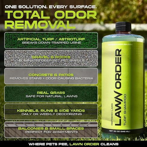 منظف ​​العشب الصناعي ومزيل الرائحة من LawN Order - يعمل بالإنزيم، آمن للحيوانات الأليفة والأطفال، يزيل روائح فوضى الحيوانات الأليفة (1 جالون + 32 أونصة + خرطوم) in Kuwait