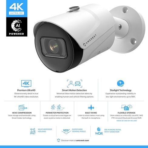كاميرا Amcrest UltraHD 4K (8MP) خارجية رصاصة POE IP، 3840x2160، رؤية ليلية 98 قدمًا، عدسة 2.8 مم، IP67 مقاومة للطقس، تسجيل MicroSD، أبيض (REP-IP8M-2496EW-V2) (متجدد) in Saudi Arabia