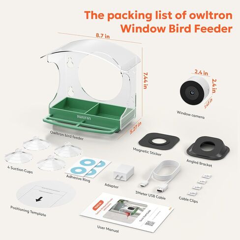 وحدة تغذية الطيور على شكل نافذة من owltron مع كاميرا، وحدة تغذية لأصدقاء النوافذ بدقة 2K 3 ميجابكسل مع تقنية الذكاء الاصطناعي لتحديد أكثر من 10000 طائر 2.4/5 جيجا هرتز واي فاي 24/7 تسجيل عرض مباشر 147 درجة زاوية فائقة للآباء المسنين والأطفال ومحبي الطيور in Kuwait