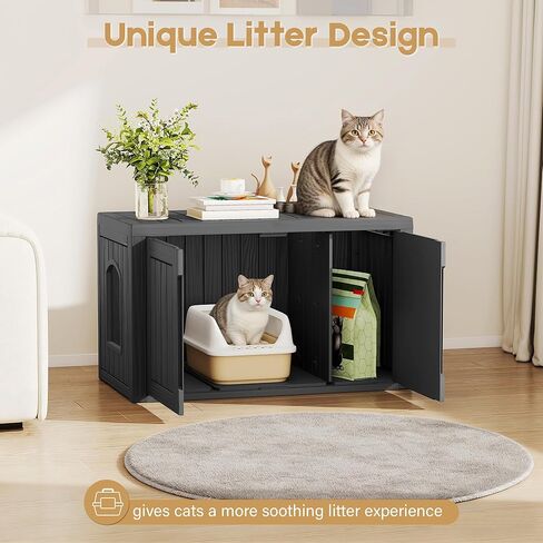 Cat Litter Box Enclosure, Covered Cat Litter Box with Adjustable Partition, Multi-Functional Hidden Enclosed Litter Box Furniture, Easy to Clean & Assemble, Black in Kuwait