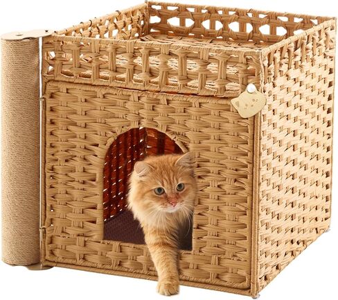 Stylish Cat Litter Box Enclosure with Scratching Post – Handwoven Rattan Cat House, Hidden Litter Mat & Fence, 20.5×18.5×19.1 in, Indoor & Outdoor Use in Kuwait