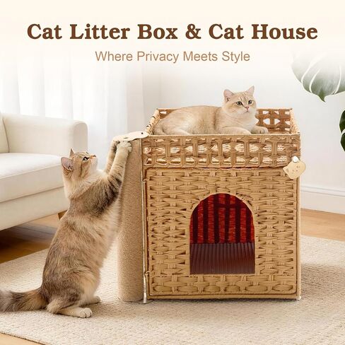 Stylish Cat Litter Box Enclosure with Scratching Post – Handwoven Rattan Cat House, Hidden Litter Mat & Fence, 20.5×18.5×19.1 in, Indoor & Outdoor Use in Kuwait