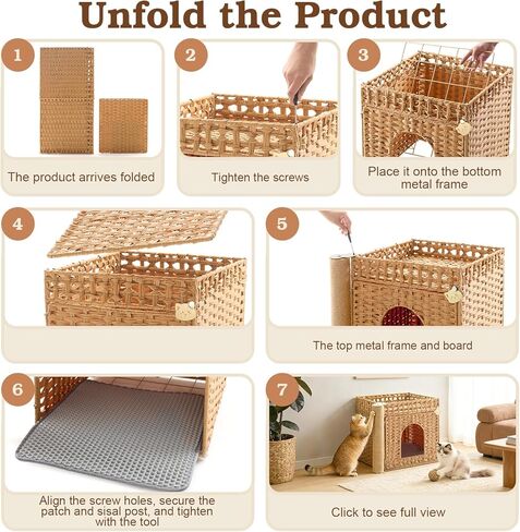 Stylish Cat Litter Box Enclosure with Scratching Post – Handwoven Rattan Cat House, Hidden Litter Mat & Fence, 20.5×18.5×19.1 in, Indoor & Outdoor Use in Kuwait
