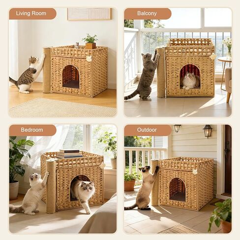 Stylish Cat Litter Box Enclosure with Scratching Post – Handwoven Rattan Cat House, Hidden Litter Mat & Fence, 20.5×18.5×19.1 in, Indoor & Outdoor Use in Kuwait