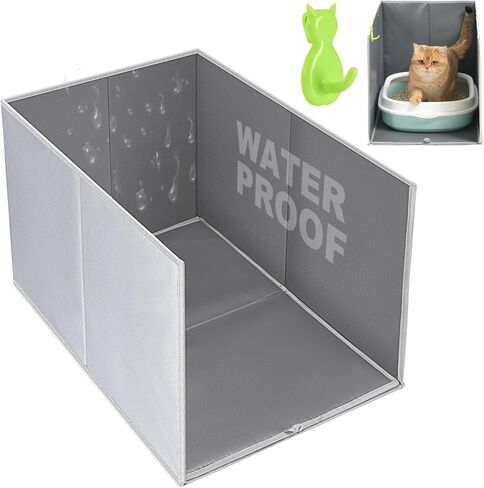 Uross Cat Litter Box Enclosure Splash Guard، كبير جدًا 25 × 16.3 × 16.3 بوصة قابل للطي مقاوم للماء صندوق القطط مع خطافات للمغرفة - رمادي in Kuwait