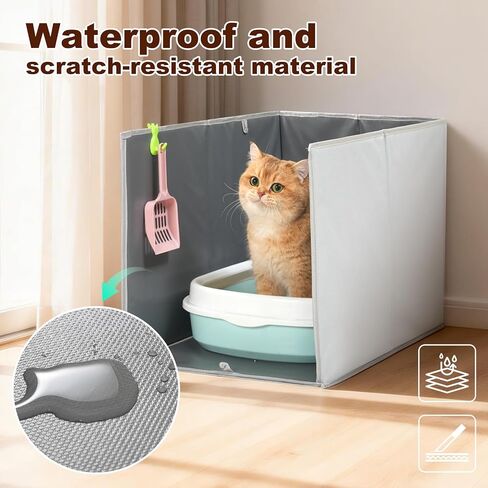 Uross Cat Litter Box Enclosure Splash Guard، كبير جدًا 25 × 16.3 × 16.3 بوصة قابل للطي مقاوم للماء صندوق القطط مع خطافات للمغرفة - رمادي in Kuwait