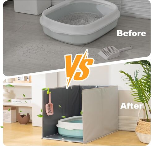 Uross Cat Litter Box Enclosure Splash Guard، كبير جدًا 25 × 16.3 × 16.3 بوصة قابل للطي مقاوم للماء صندوق القطط مع خطافات للمغرفة - رمادي in Kuwait
