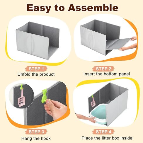 Uross Cat Litter Box Enclosure Splash Guard، كبير جدًا 25 × 16.3 × 16.3 بوصة قابل للطي مقاوم للماء صندوق القطط مع خطافات للمغرفة - رمادي in Kuwait