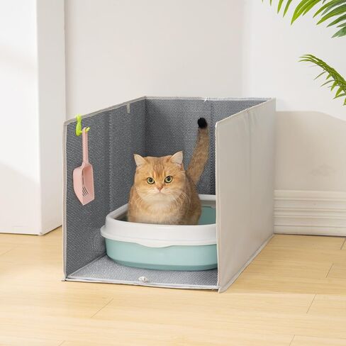 Uross Cat Litter Box Enclosure Splash Guard، كبير جدًا 25 × 16.3 × 16.3 بوصة قابل للطي مقاوم للماء صندوق القطط مع خطافات للمغرفة - رمادي in Kuwait