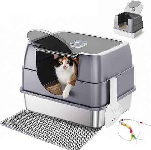 Enclosed Cat Litter Box with Flip-Top Lid, Stainless Steel Large Covered Litter Box, High Sided Metal Litter Pan with Litter Scoop & Mat, Odor Control, Leak Proof, Easy Cleaning, Grey in Kuwait