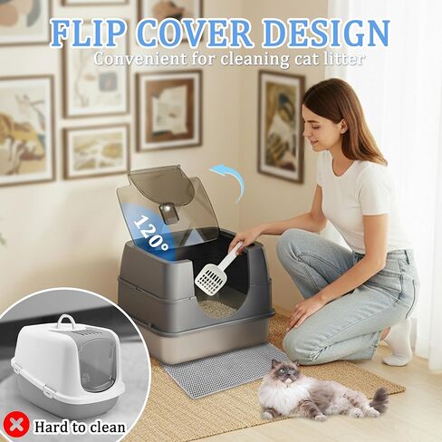 Enclosed Cat Litter Box with Flip-Top Lid, Stainless Steel Large Covered Litter Box, High Sided Metal Litter Pan with Litter Scoop & Mat, Odor Control, Leak Proof, Easy Cleaning, Grey in Kuwait