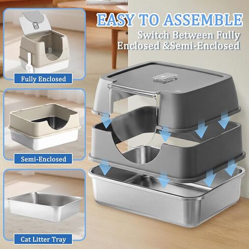 Enclosed Cat Litter Box with Flip-Top Lid, Stainless Steel Large Covered Litter Box, High Sided Metal Litter Pan with Litter Scoop & Mat, Odor Control, Leak Proof, Easy Cleaning, Grey in Kuwait