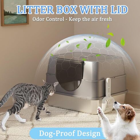 Enclosed Cat Litter Box with Flip-Top Lid, Stainless Steel Large Covered Litter Box, High Sided Metal Litter Pan with Litter Scoop & Mat, Odor Control, Leak Proof, Easy Cleaning, Grey in Kuwait