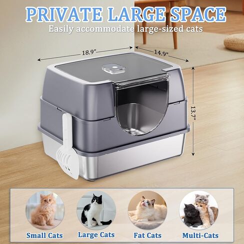 Enclosed Cat Litter Box with Flip-Top Lid, Stainless Steel Large Covered Litter Box, High Sided Metal Litter Pan with Litter Scoop & Mat, Odor Control, Leak Proof, Easy Cleaning, Grey in Kuwait