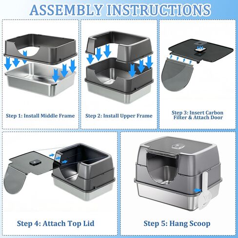 Enclosed Cat Litter Box with Flip-Top Lid, Stainless Steel Large Covered Litter Box, High Sided Metal Litter Pan with Litter Scoop & Mat, Odor Control, Leak Proof, Easy Cleaning, Grey in Kuwait