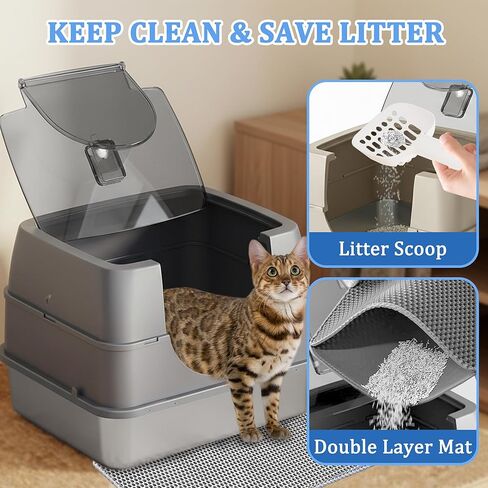 Enclosed Cat Litter Box with Flip-Top Lid, Stainless Steel Large Covered Litter Box, High Sided Metal Litter Pan with Litter Scoop & Mat, Odor Control, Leak Proof, Easy Cleaning, Grey in Kuwait
