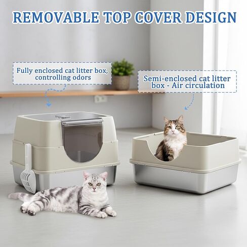 Enclosed Cat Litter Box with Flip-Top Lid, Stainless Steel Large Covered Litter Box, High Sided Metal Litter Pan with Litter Scoop & Mat, Odor Control, Leak Proof, Easy Cleaning, Grey in Kuwait