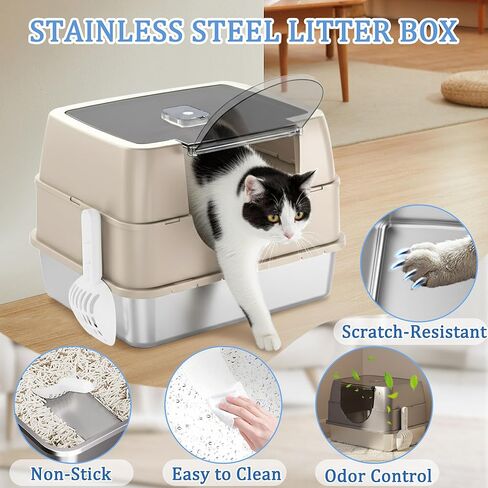 Enclosed Cat Litter Box with Flip-Top Lid, Stainless Steel Large Covered Litter Box, High Sided Metal Litter Pan with Litter Scoop & Mat, Odor Control, Leak Proof, Easy Cleaning, Grey in Kuwait
