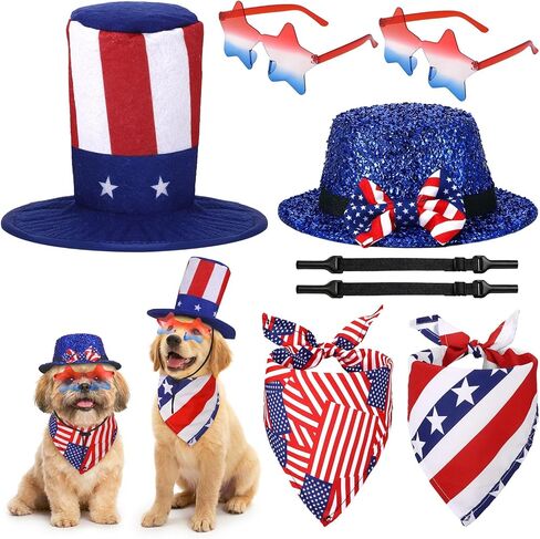 8 Pcs Dog Independence Day Costume Pet 4th of July Pet Hat Headband American Flag Glasses Set for Small Medium Large Dogs Cats in Kuwait
