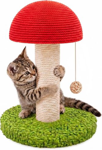 Mushroom Cat Scratching Post 11" for Kittens & Small Cats, Mini Cat Tree Stable Base, Natural Sisal Scratcher with Hanging Ball, Space Saving Indoor Cat Toy for Small Spaces and Apartments in Kuwait