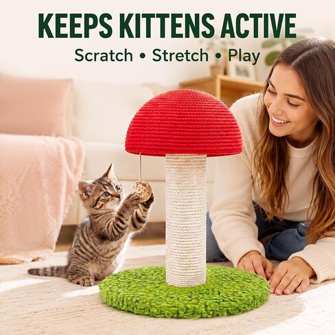 Mushroom Cat Scratching Post 11" for Kittens & Small Cats, Mini Cat Tree Stable Base, Natural Sisal Scratcher with Hanging Ball, Space Saving Indoor Cat Toy for Small Spaces and Apartments in Kuwait