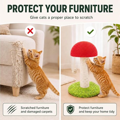 Mushroom Cat Scratching Post 11" for Kittens & Small Cats, Mini Cat Tree Stable Base, Natural Sisal Scratcher with Hanging Ball, Space Saving Indoor Cat Toy for Small Spaces and Apartments in Kuwait