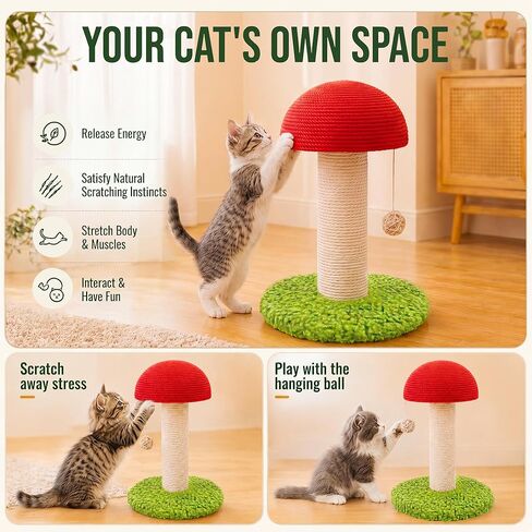 Mushroom Cat Scratching Post 11" for Kittens & Small Cats, Mini Cat Tree Stable Base, Natural Sisal Scratcher with Hanging Ball, Space Saving Indoor Cat Toy for Small Spaces and Apartments in Kuwait