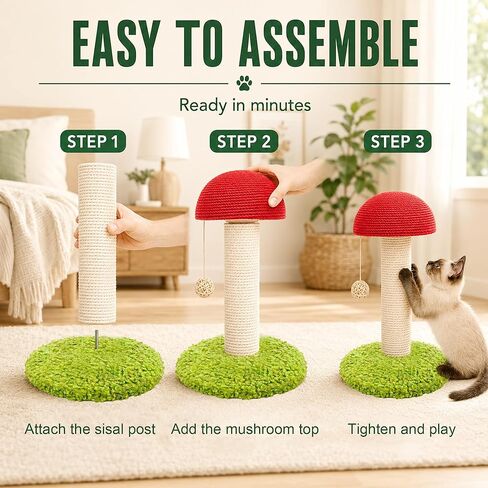 Mushroom Cat Scratching Post 11" for Kittens & Small Cats, Mini Cat Tree Stable Base, Natural Sisal Scratcher with Hanging Ball, Space Saving Indoor Cat Toy for Small Spaces and Apartments in Kuwait