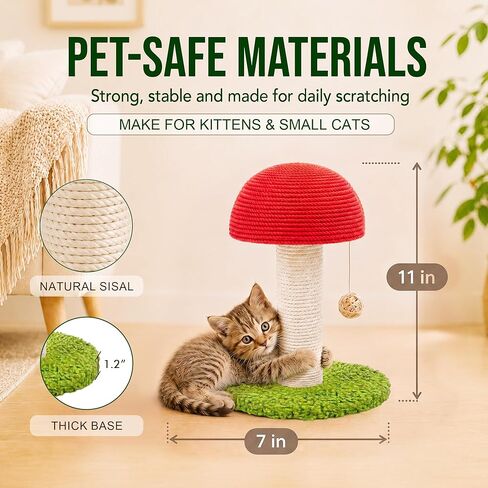 Mushroom Cat Scratching Post 11" for Kittens & Small Cats, Mini Cat Tree Stable Base, Natural Sisal Scratcher with Hanging Ball, Space Saving Indoor Cat Toy for Small Spaces and Apartments in Kuwait