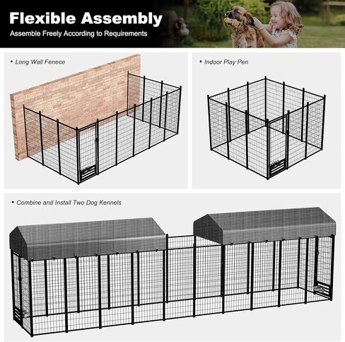 Large Dog Kennel Outside with Roof, Heavy-Duty Indoor Outdoor Dog Run Dog Enclosure with Removable Cover, Dog Pens Outside Playpen with Latch-Lock & Swivel Feeding Door, 4x8x6 Ft in Kuwait