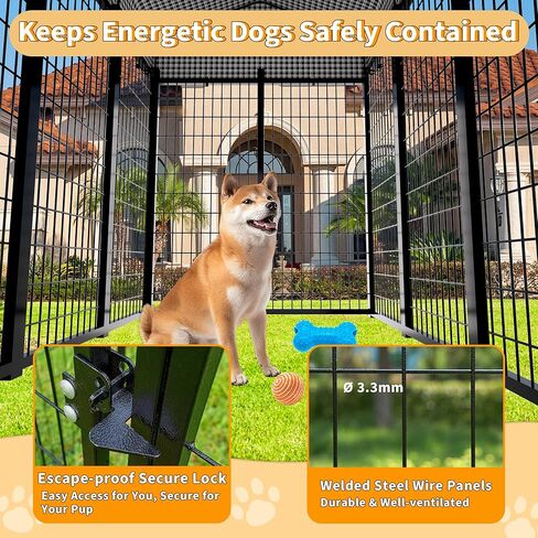 Large Dog Kennel Outside with Roof, Heavy-Duty Indoor Outdoor Dog Run Dog Enclosure with Removable Cover, Dog Pens Outside Playpen with Latch-Lock & Swivel Feeding Door, 4x8x6 Ft in Kuwait