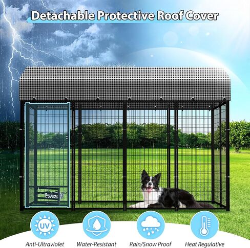 Large Dog Kennel Outside with Roof, Heavy-Duty Indoor Outdoor Dog Run Dog Enclosure with Removable Cover, Dog Pens Outside Playpen with Latch-Lock & Swivel Feeding Door, 4x8x6 Ft in Kuwait