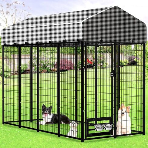 Large Dog Kennel Outside with Roof, Heavy-Duty Indoor Outdoor Dog Run Dog Enclosure with Removable Cover, Dog Pens Outside Playpen with Latch-Lock & Swivel Feeding Door, 4x8x6 Ft in Kuwait