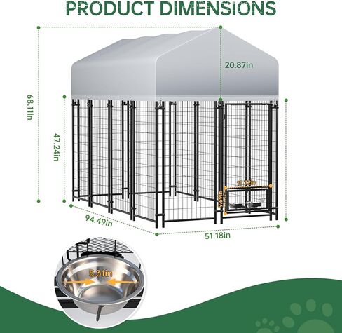 8 x 4 x 6 FT Outdoor Large Dog Kennel with Waterproof Roof, Durable Steel Fence, Secure Lock & Rotating Feeding Bowls, Large Dog Enclosure for Backyard Farm in Kuwait