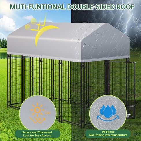 8 x 4 x 6 FT Outdoor Large Dog Kennel with Waterproof Roof, Durable Steel Fence, Secure Lock & Rotating Feeding Bowls, Large Dog Enclosure for Backyard Farm in Kuwait