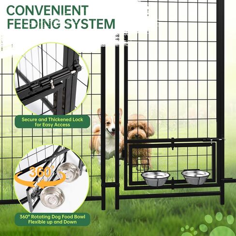 8 x 4 x 6 FT Outdoor Large Dog Kennel with Waterproof Roof, Durable Steel Fence, Secure Lock & Rotating Feeding Bowls, Large Dog Enclosure for Backyard Farm in Kuwait