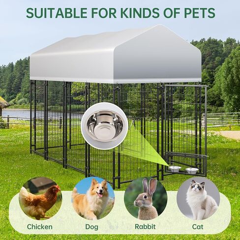 8 x 4 x 6 FT Outdoor Large Dog Kennel with Waterproof Roof, Durable Steel Fence, Secure Lock & Rotating Feeding Bowls, Large Dog Enclosure for Backyard Farm in Kuwait
